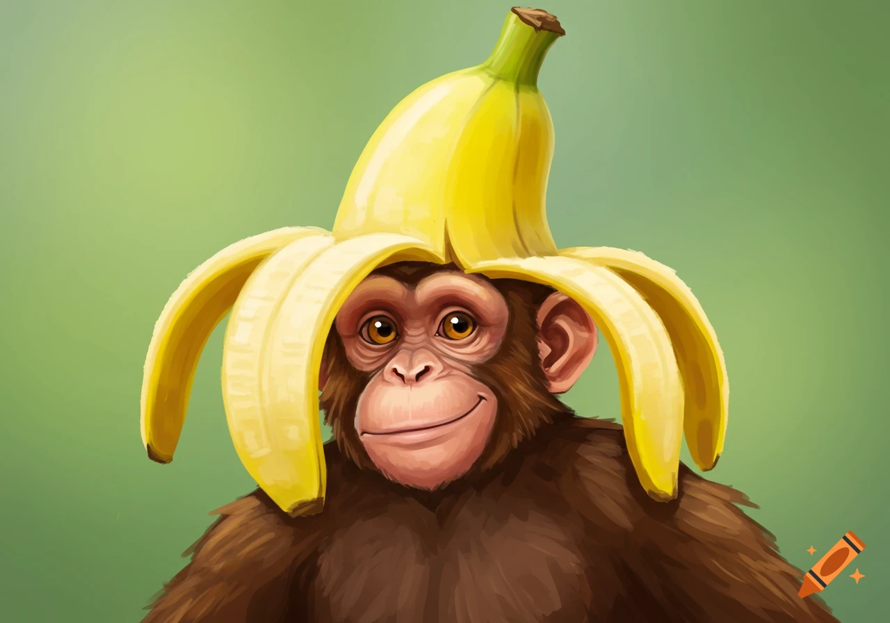 Illustration of a smiling monkey wearing a banana as a hat