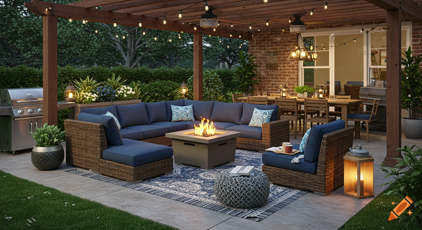 A luxurious backyard patio with a seating area around a fire pit, a dining table, grill, and pergola with string lights.