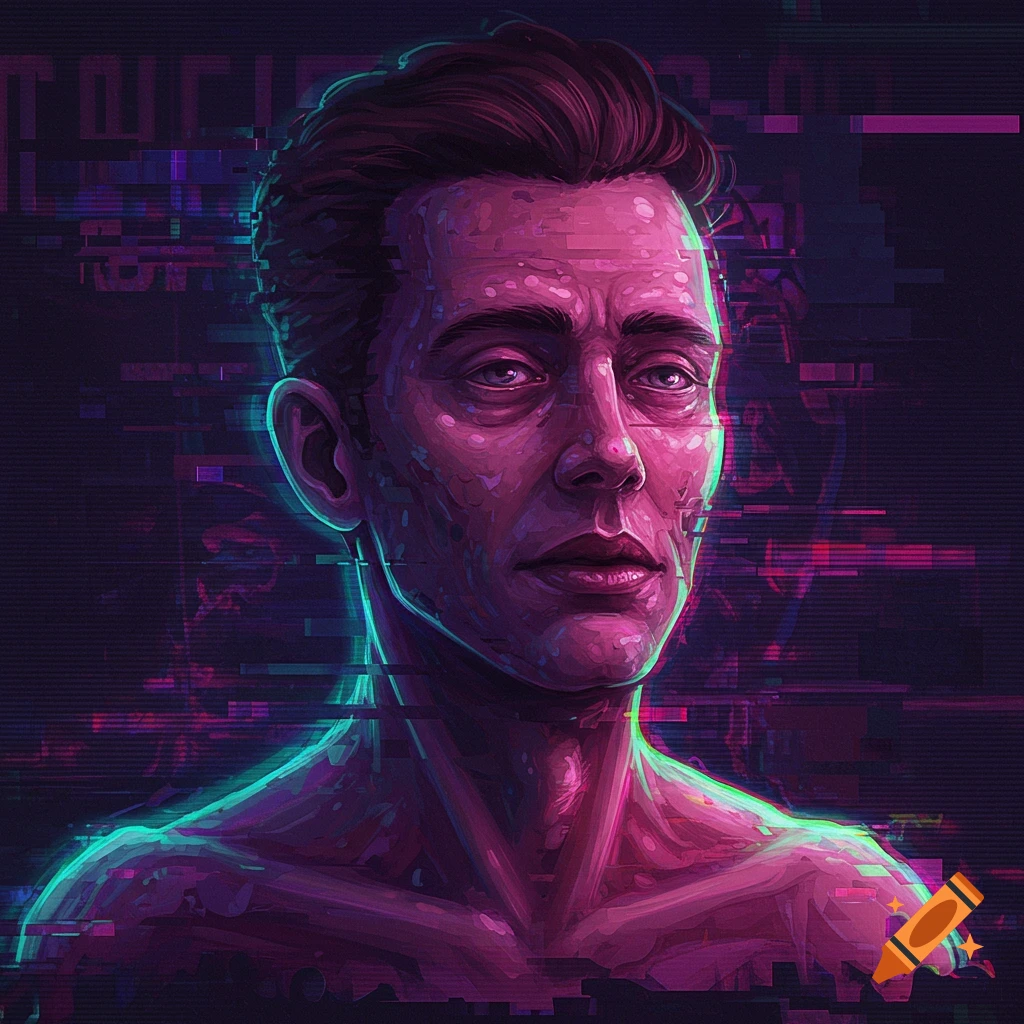 Digital portrait of a man with purple and cyan glitch effects