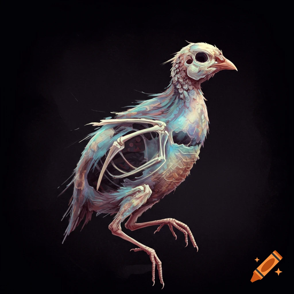 Stylized illustration of a quail with exposed skeleton and decaying feathers.