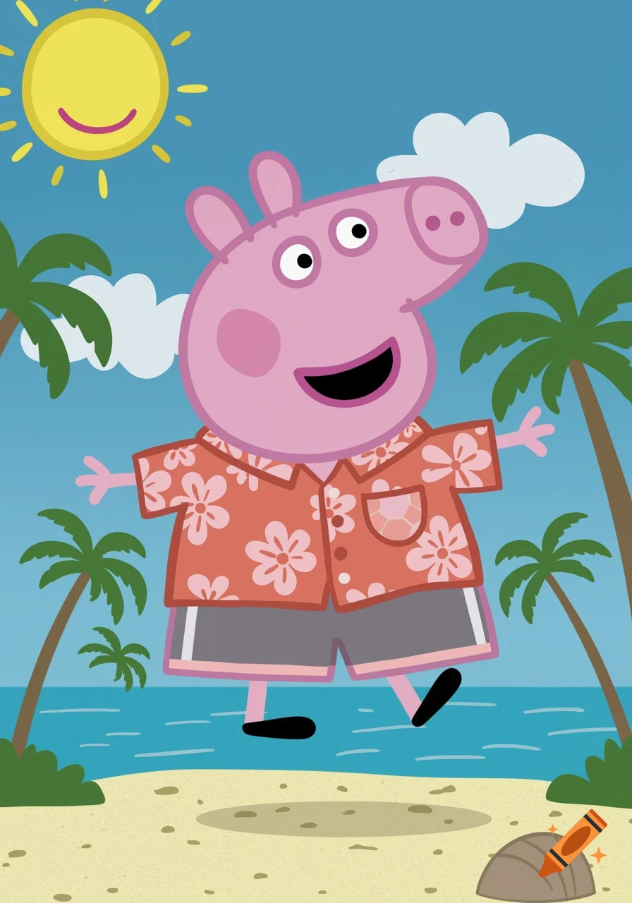 Peppa Pig wears a Hawaiian shirt and shorts, jumping on a beach with palm trees and sun.