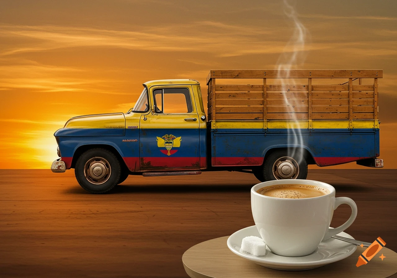 A rustic truck painted with the Colombian flag sits on a wooden surface at sunset with a cup of steaming coffee in the foreground.
