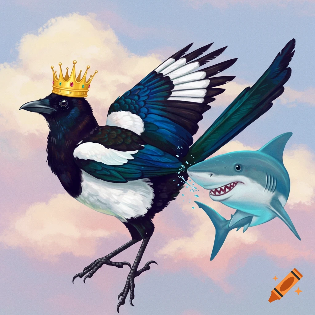 A crowned magpie flies through a cloudy sky with a small shark biting its tail.