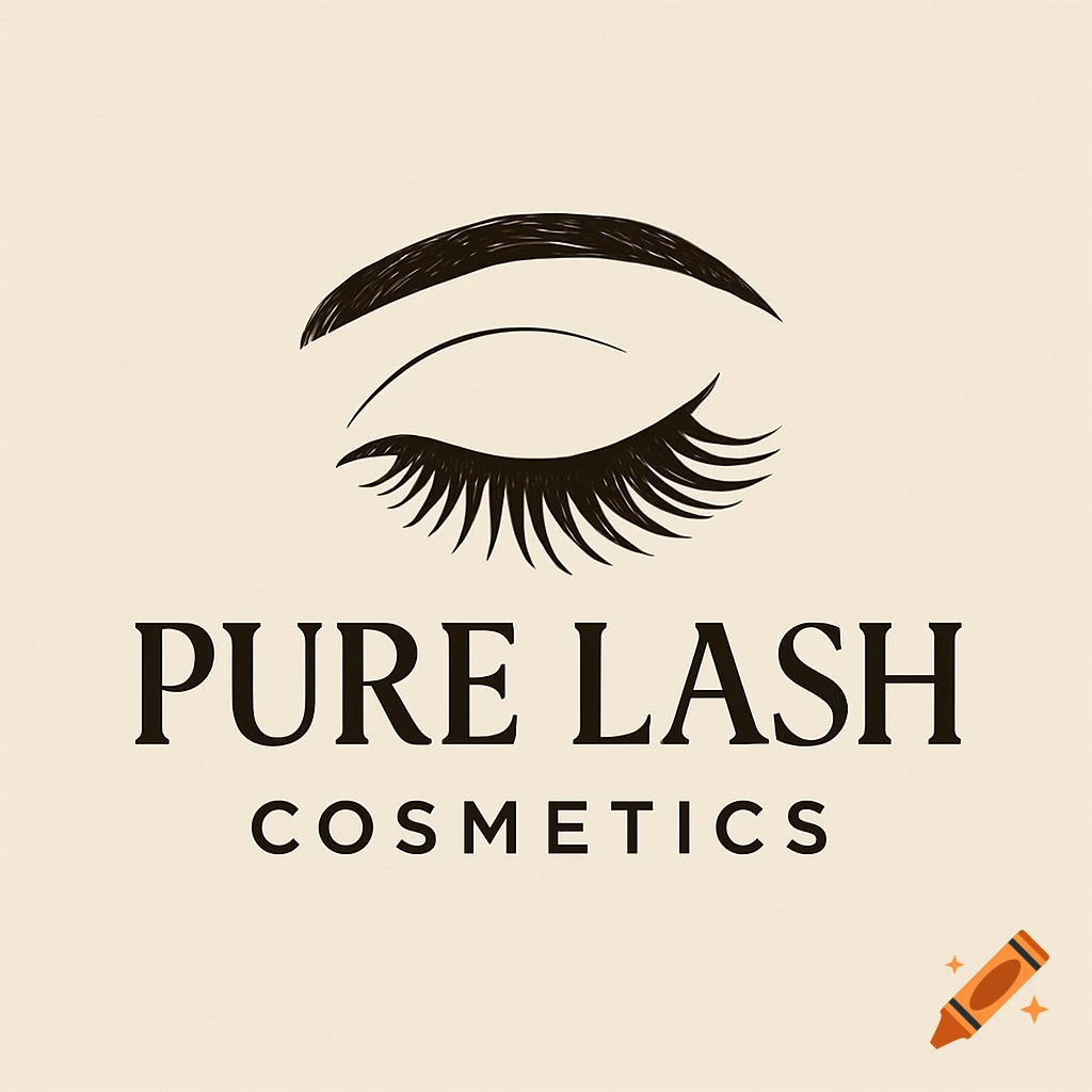 Logo for Pure Lash Cosmetics featuring a minimalist drawing of an eye with long lashes.