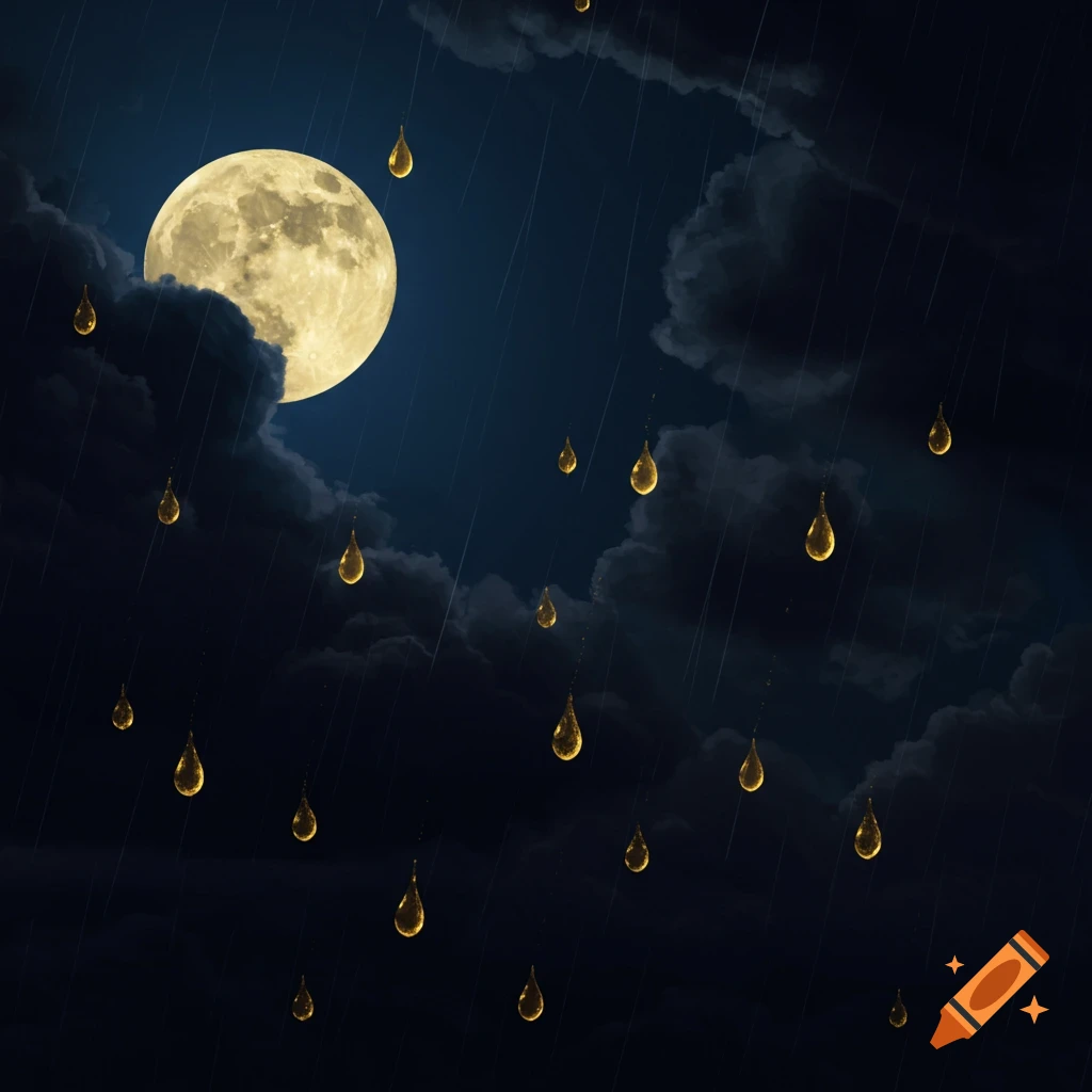Golden raindrops falling from a dark sky with a full moon visible through clouds.