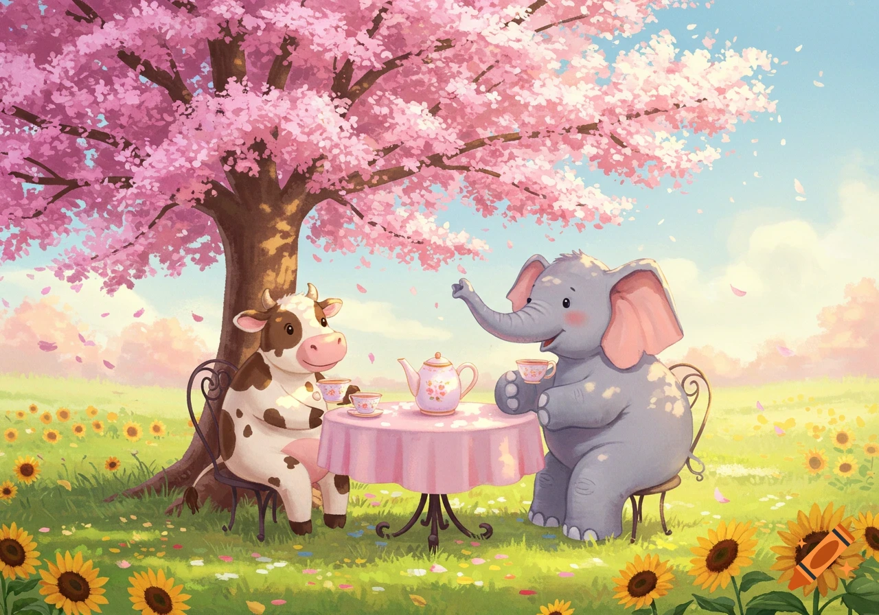A cartoon cow and elephant have tea under a pink cherry blossom tree in a field of sunflowers.