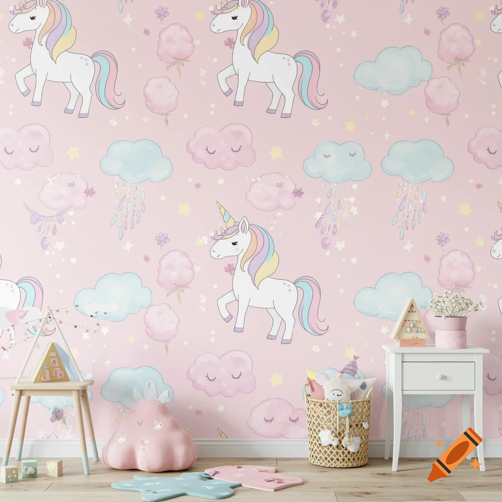 Seamless pastel pink wallpaper with cartoon unicorns, clouds, cotton candy, and stars in a child's room.