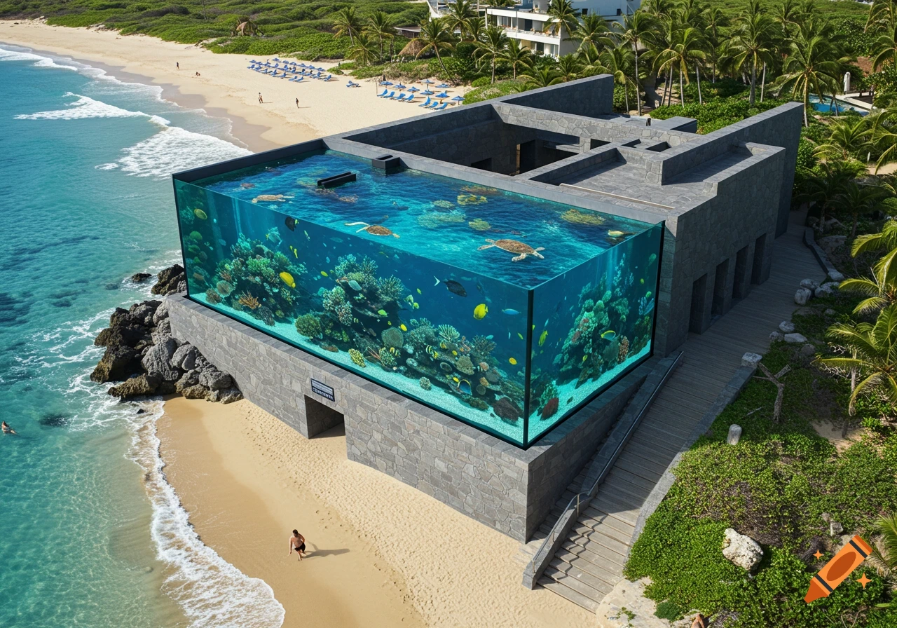 Aerial view of a large aquarium building on a beach, filled with coral, fish, and sea turtles.