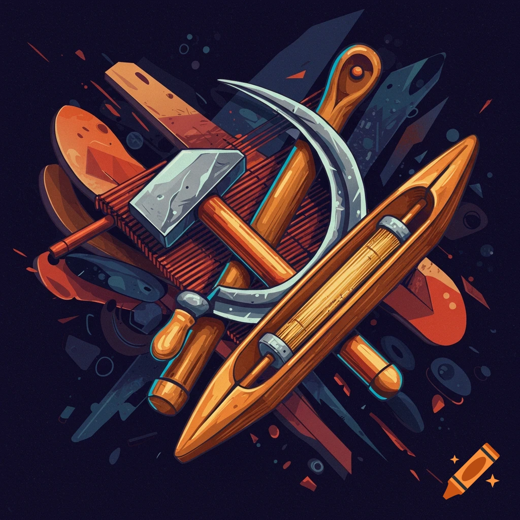 Illustration of a hammer, sickle, and shuttle combined into an emblem.