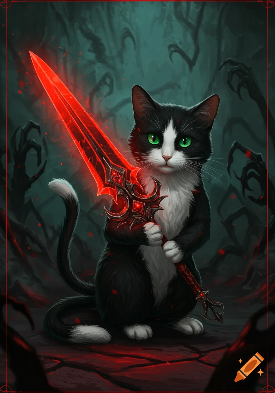 A tuxedo cat holding a glowing red fantasy sword in a dark, ominous setting.