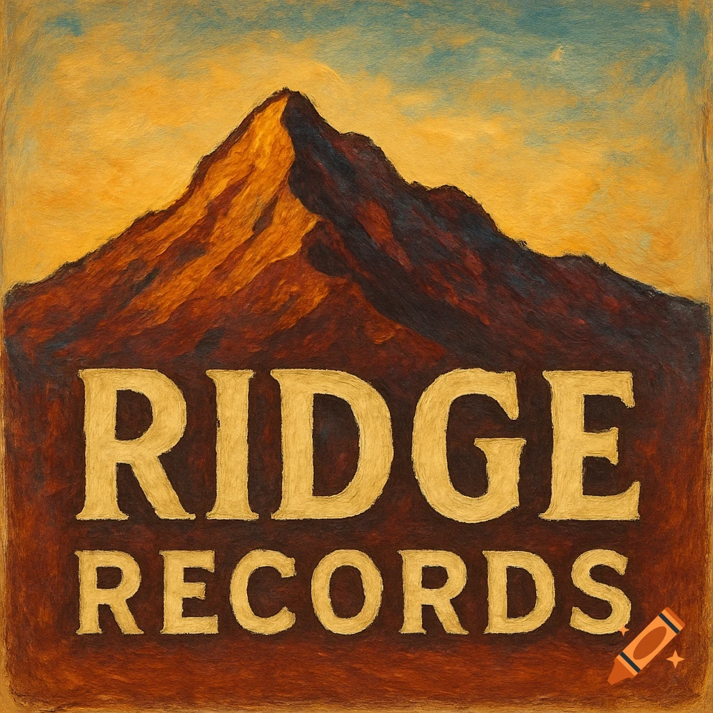Painterly logo with a mountain peak under an orange sky, with the words RIDGE RECORDS below.