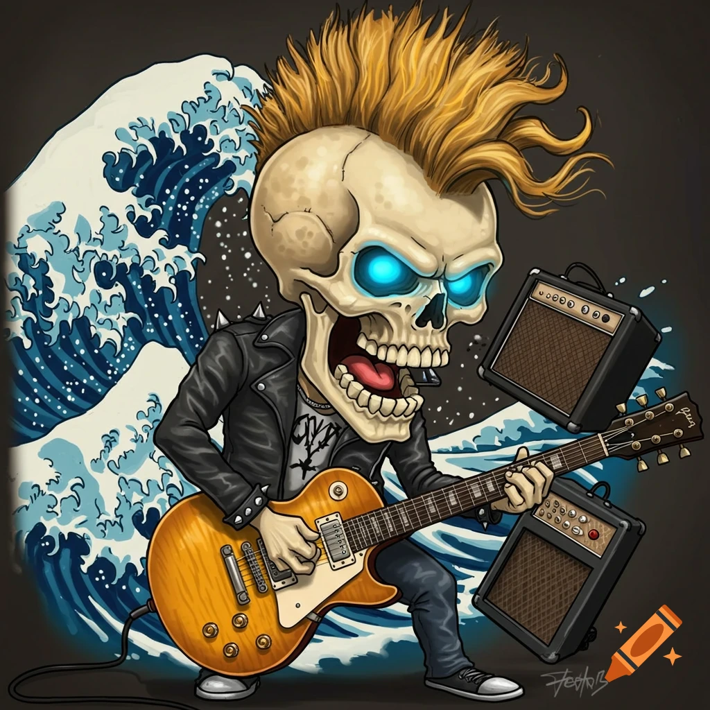 Cartoon punk skull playing a guitar with glowing blue eyes and a wave in the background