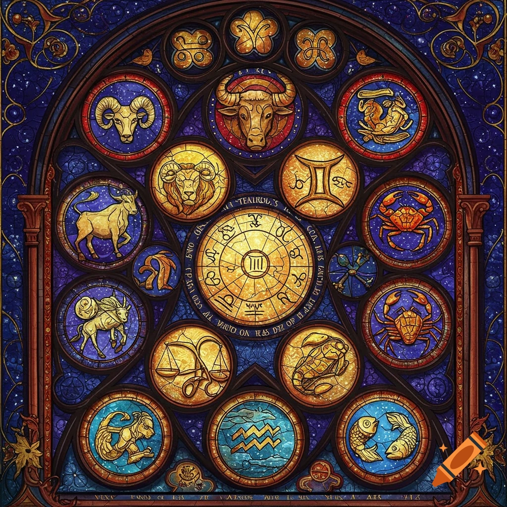 Stained glass window with zodiac signs