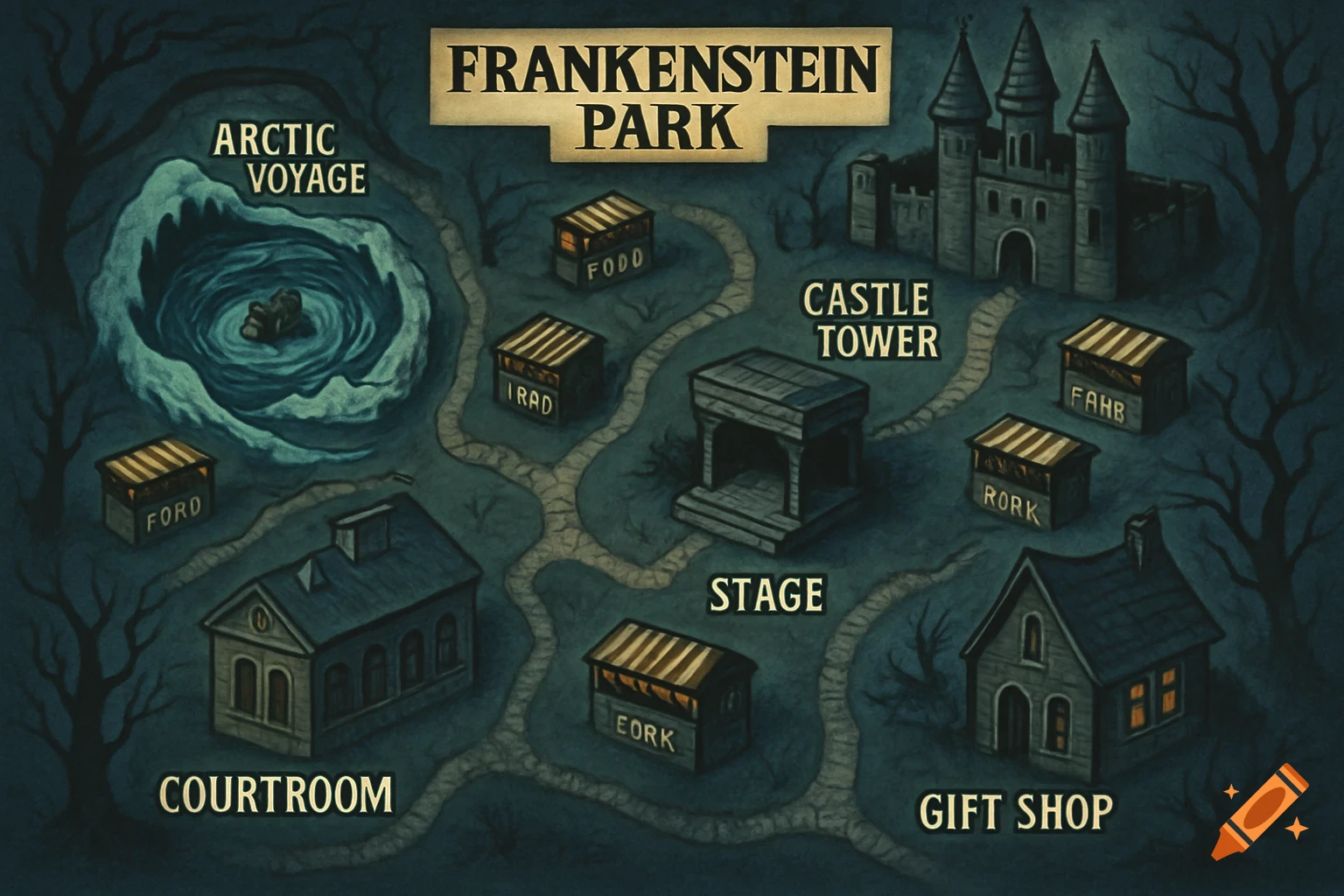 Overhead illustrated map of a spooky Frankenstein-themed amusement park.