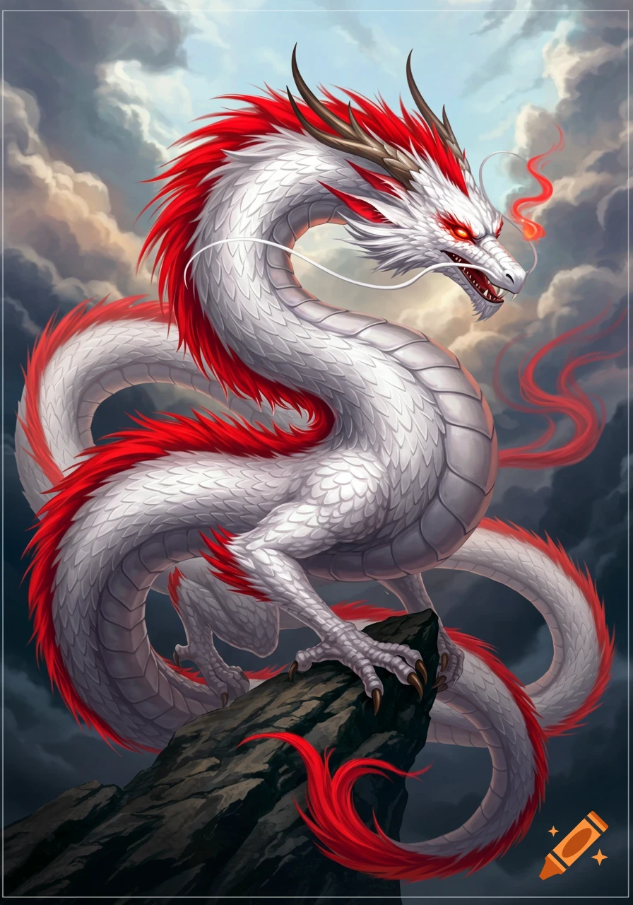 A white dragon with red accents stands on a rock against a
