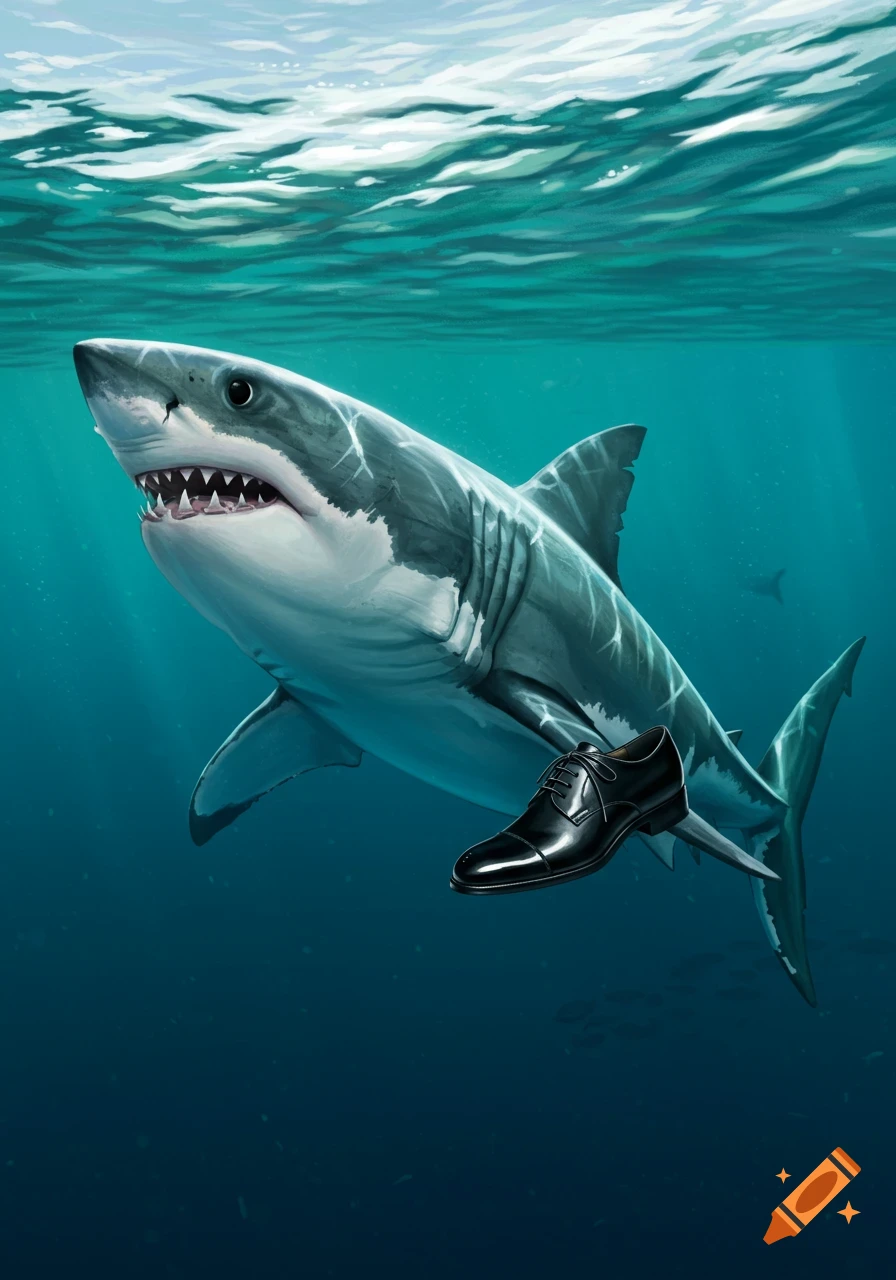 An illustration of a great white shark swimming underwater with a black dress shoe next to its fin.