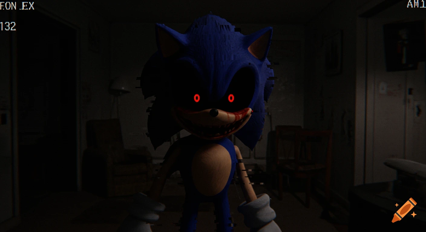 Sonic EXE with glowing red eyes stares from a dark room in grainy camera footage