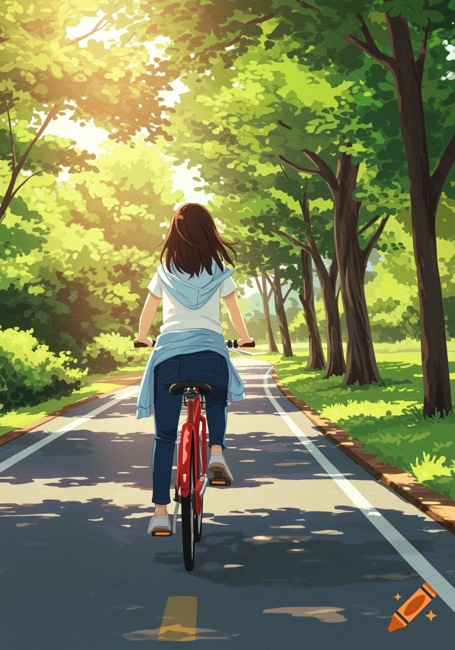 Anime illustration of a girl riding a red bike on a path through sun-dappled trees.