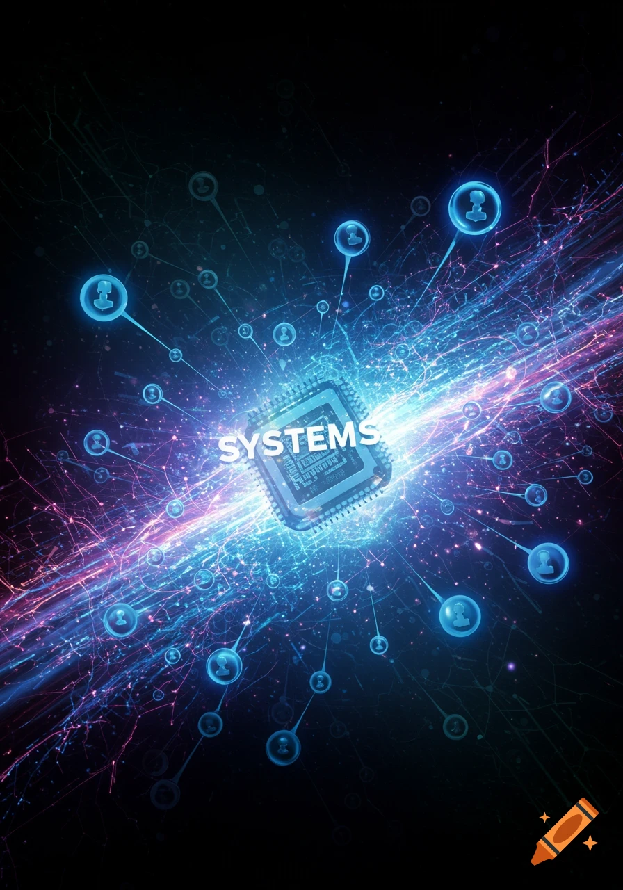 Central computer chip with 'SYSTEMS' text, connected to network nodes via glowing lines on a dark background.