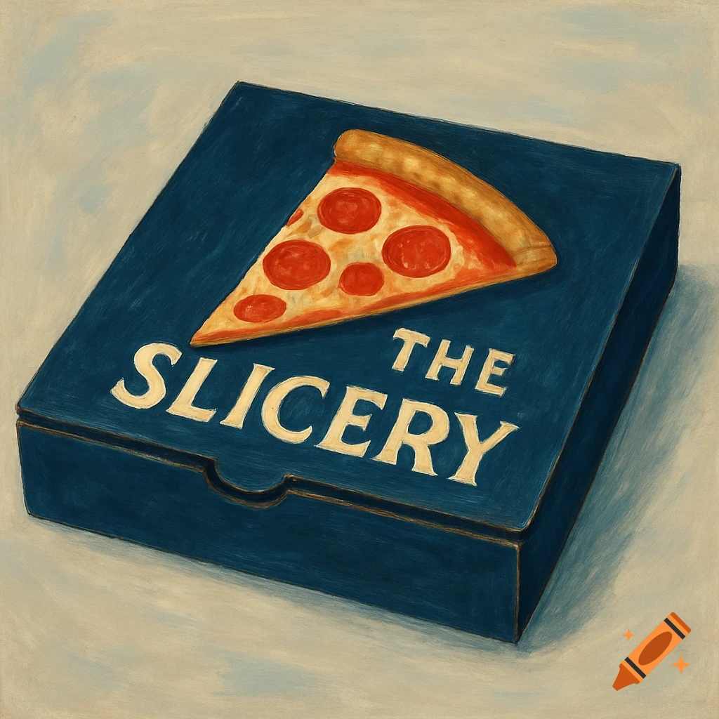A slice of pizza rests on a navy blue pizza box labeled 'THE SLICERY', rendered in a painterly style.