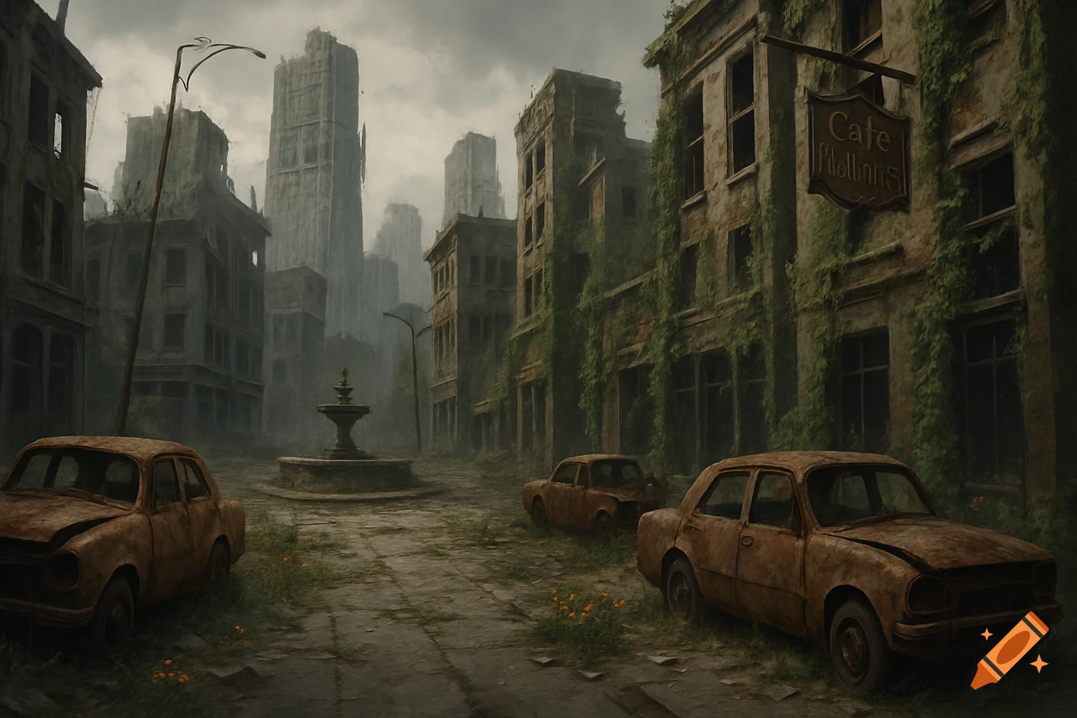 A desolate, overgrown city street with abandoned, rusty cars and crumbling buildings under a grey sky. A sign for "Cafe" hangs on a building.