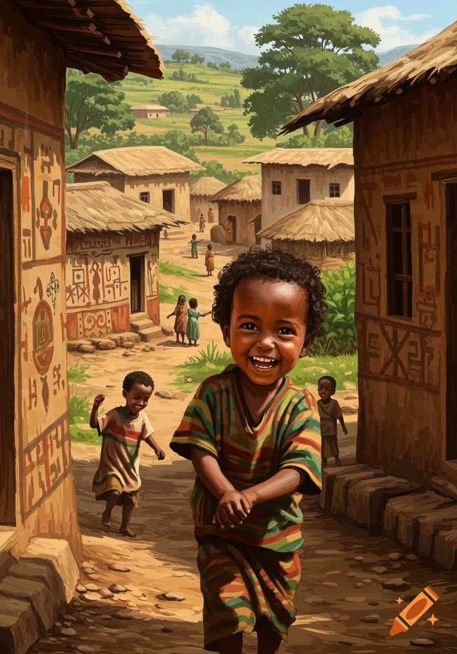Young African child smiling in a village street with other children playing, painted style.
