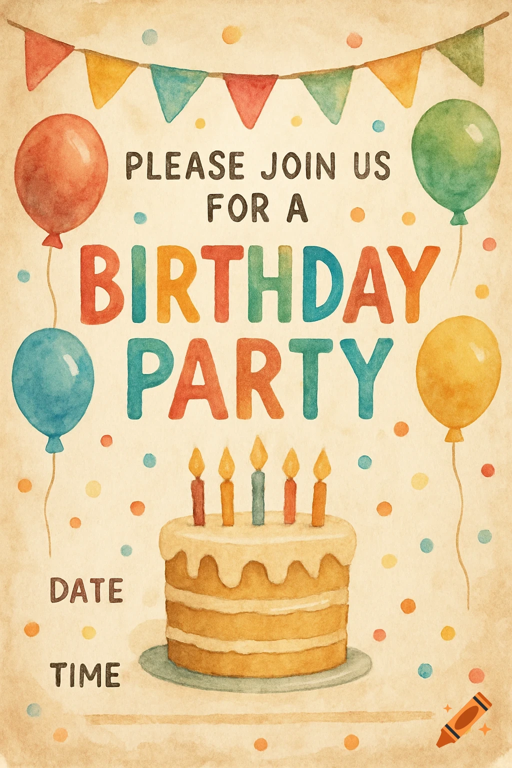 Watercolor birthday invitation with balloons, cake, and text