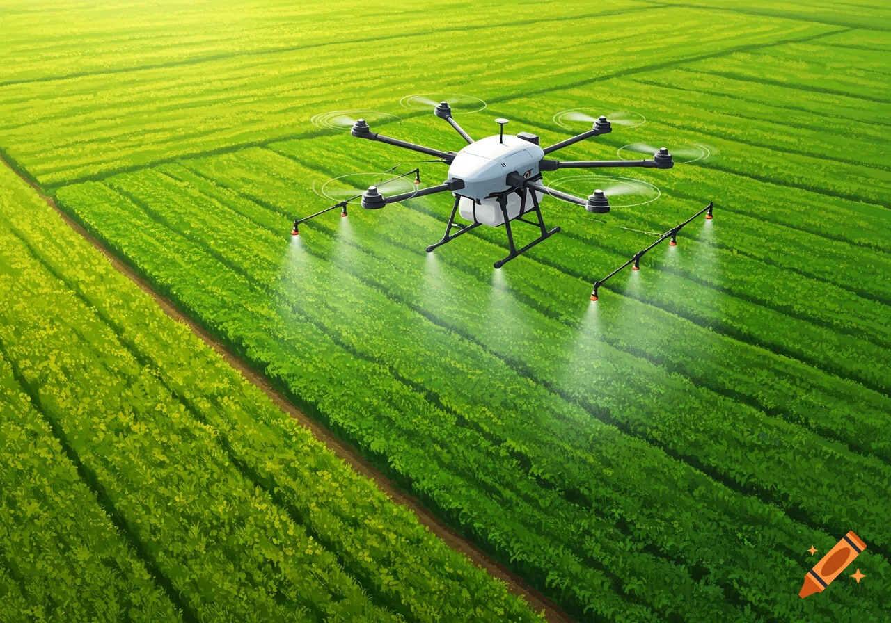 An illustration of a drone spraying a green agricultural field.