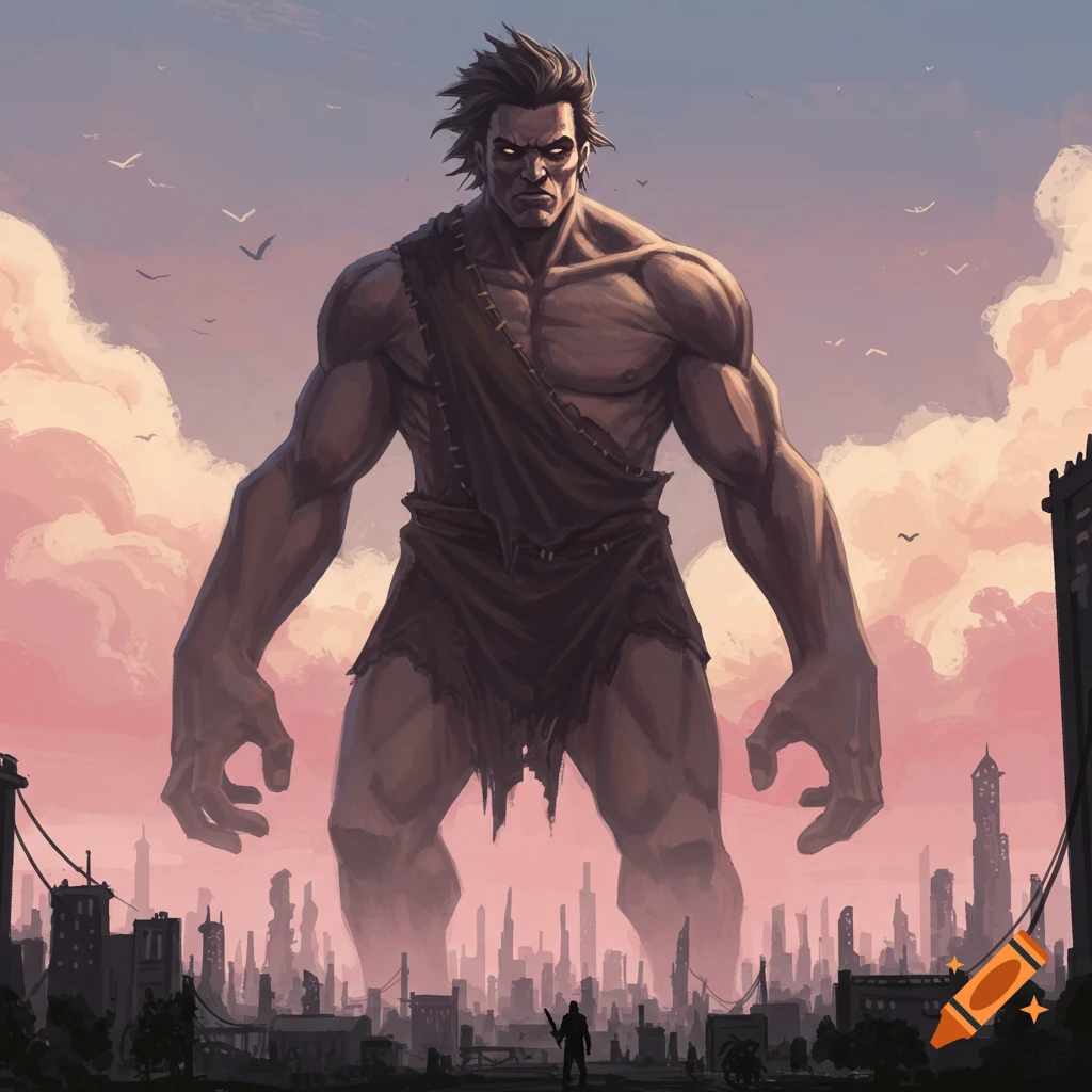 A giant figure stands over a ruined city, a small figure visible below. Illustration style.