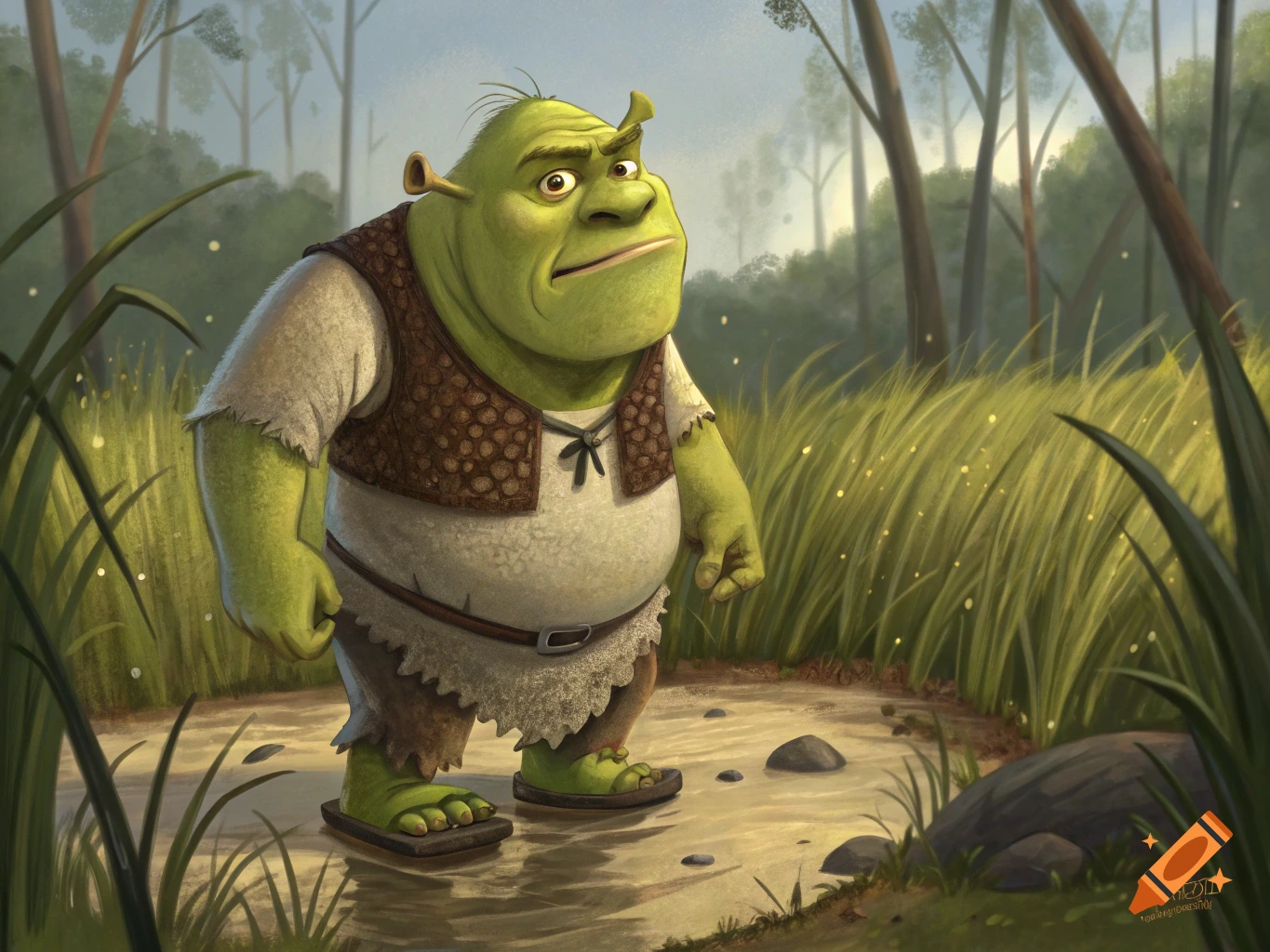 An illustration of Shrek standing in a swampy forest.