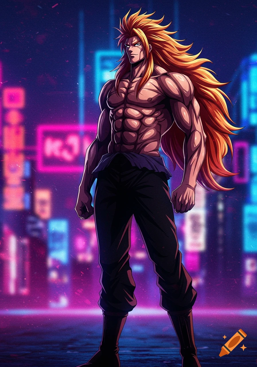 Muscular anime man with long orange hair standing in a neon cyberpunk city.
