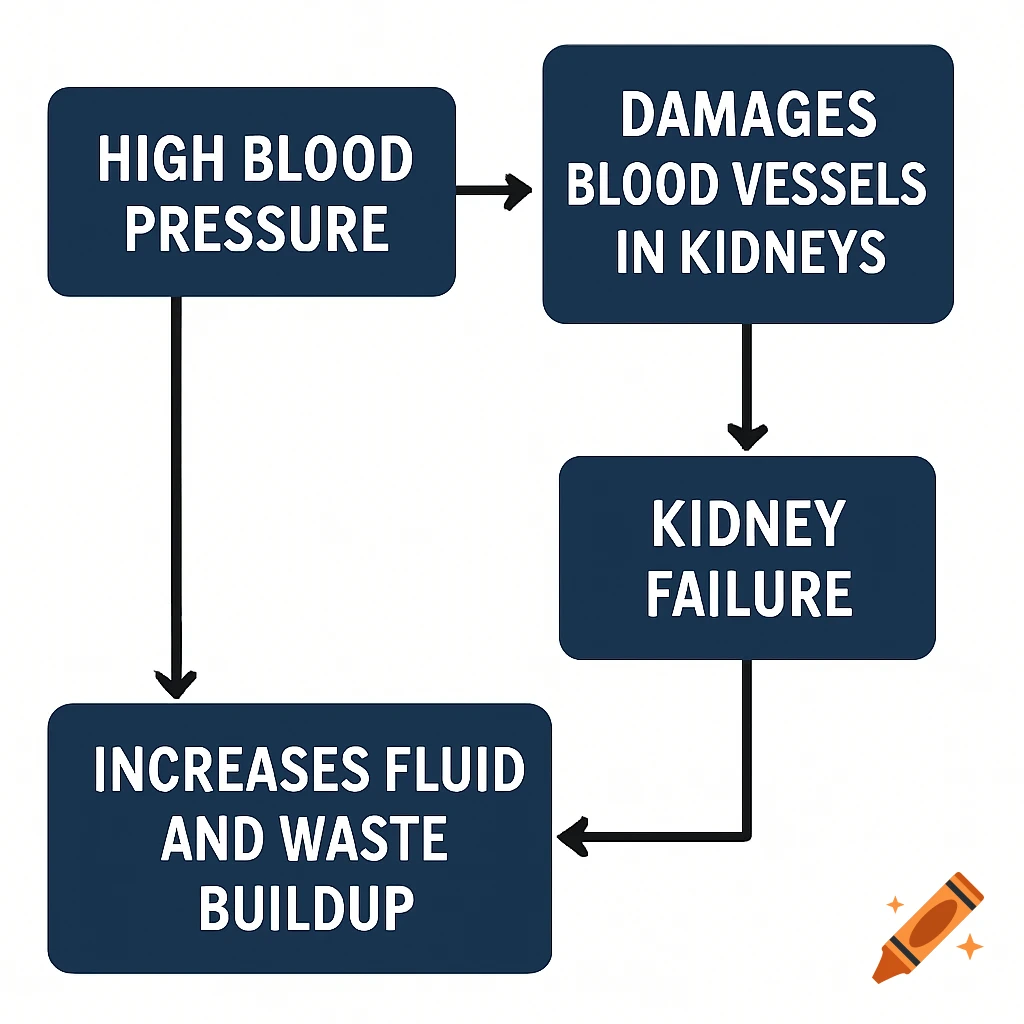 Medical flowchart showing how high blood pressure leads to kidney failure.