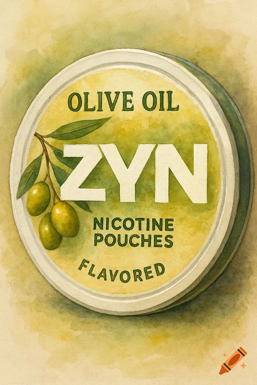 Watercolor painting of an Olive Oil ZYN nicotine pouch tin with an olive branch.