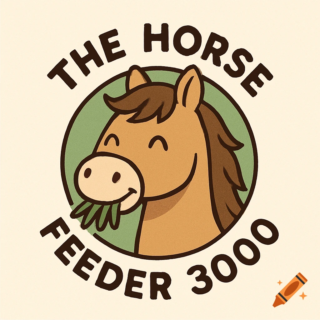A cute cartoon logo of a horse eating grass with the text 'The Horse Feeder 3000'.