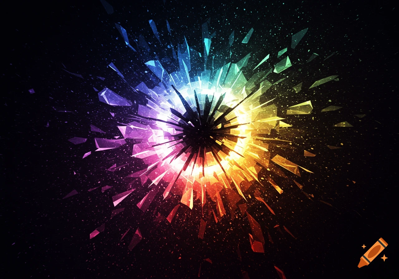 An abstract explosion of light radiating outward in a spectrum of rainbow colors.