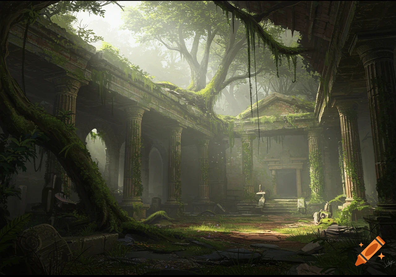 Ancient mossy ruins with columns and trees, sunlight filtering through the roof.