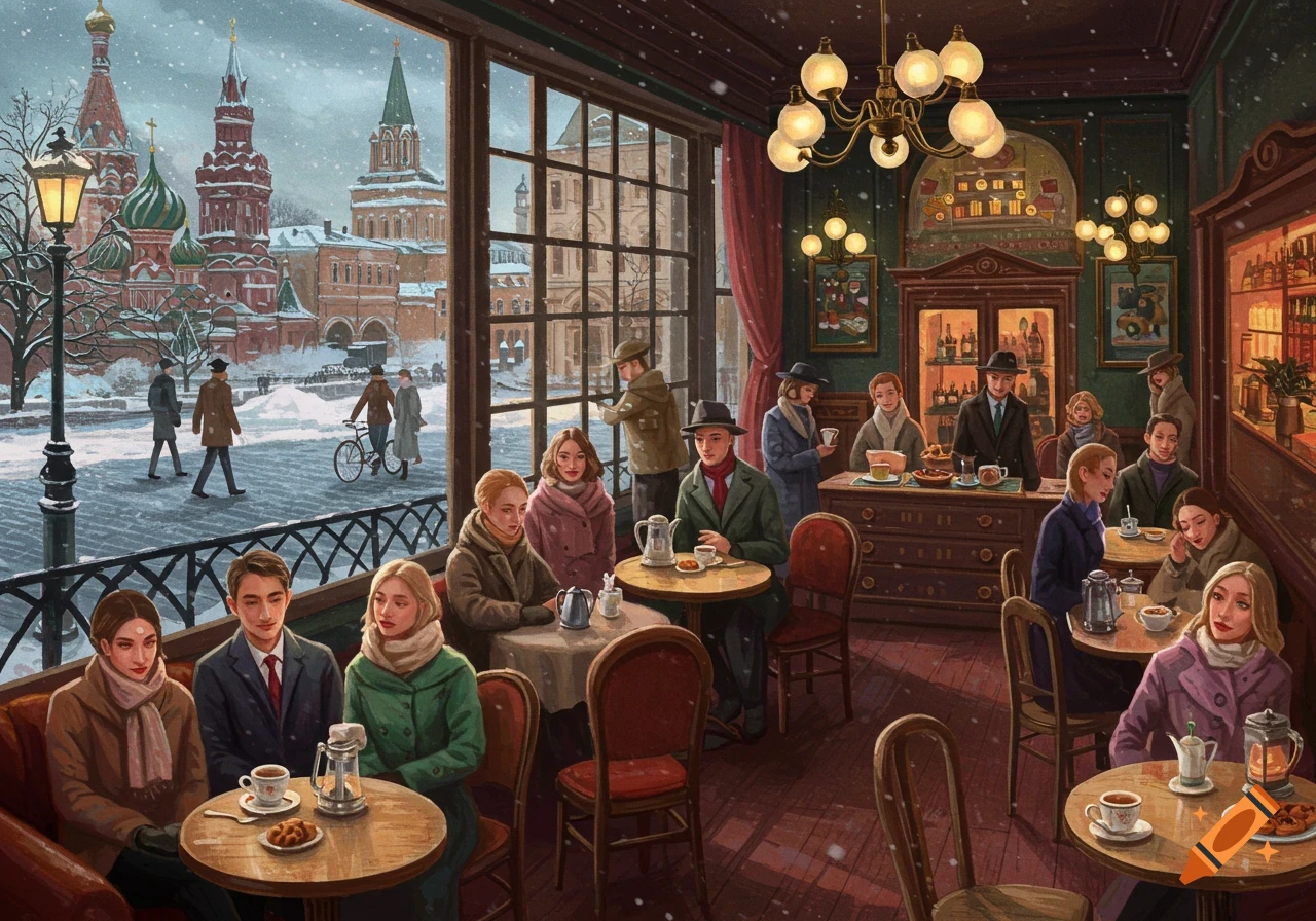 Illustration of people in a cafe looking out at a snowy Moscow scene with Kremlin-like buildings.