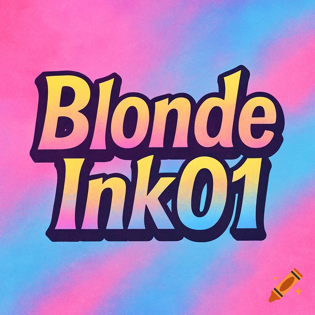 Graphic art with the text BlondeInk01 in colorful gradient on a pink and blue gradient background
