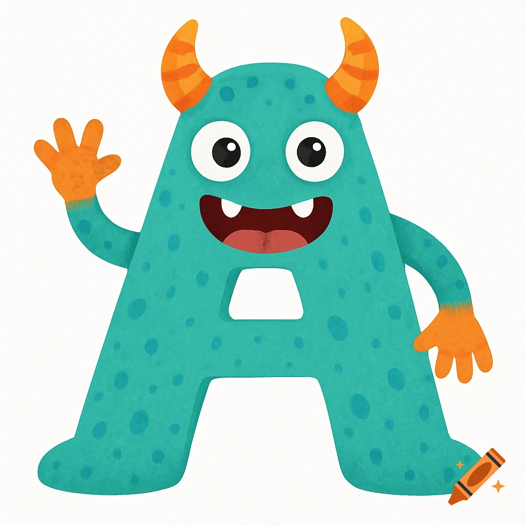 A child friendly cartoon monster shaped like the letter A, teal with orange horns and hands, waving.
