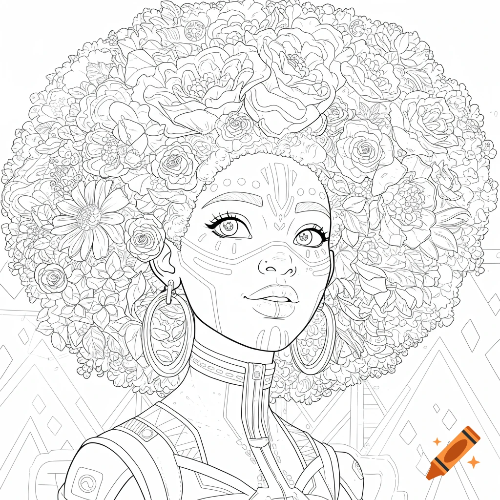 Line art coloring page of an afro futuristic woman with flower hair and face paint.