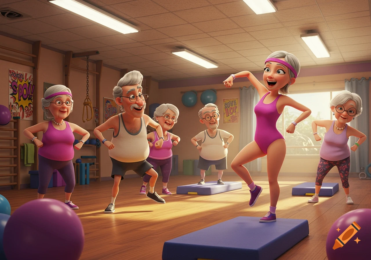 Cartoon senior citizens doing aerobics in a gym with an instructor, Pixar style.