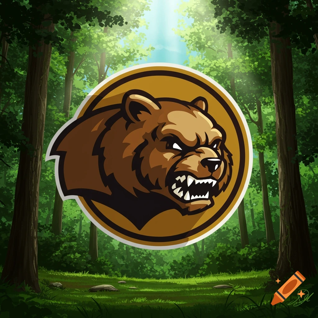 A growling bear head logo in a circular design is placed in front of a sunlit forest background.