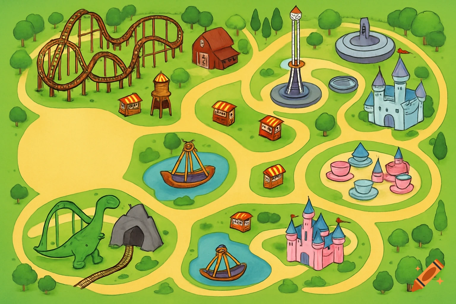 Cartoon style top-down map of a theme park with rides and vendors.