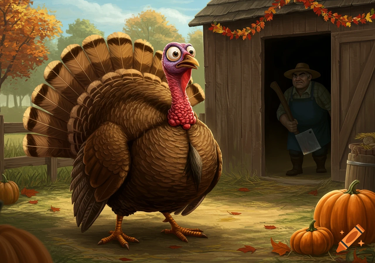 A scared cartoon turkey stands in a farmyard with pumpkins as a farmer with a meat cleaver peeks from a barn.