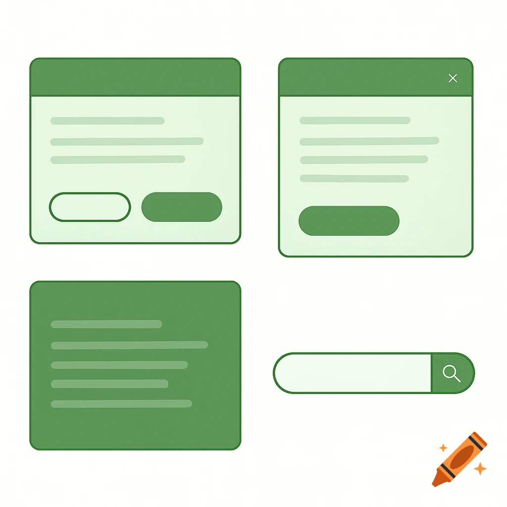 Minimalist green UI elements on a white background, including windows, text lines, buttons, and a search bar.