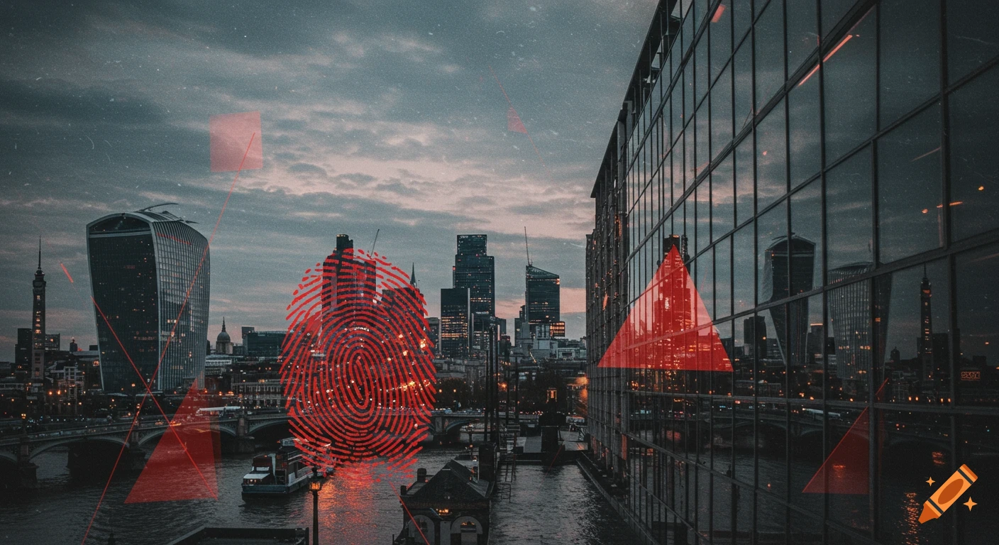 London cityscape at dusk with abstract red triangles and a large red fingerprint overlay.