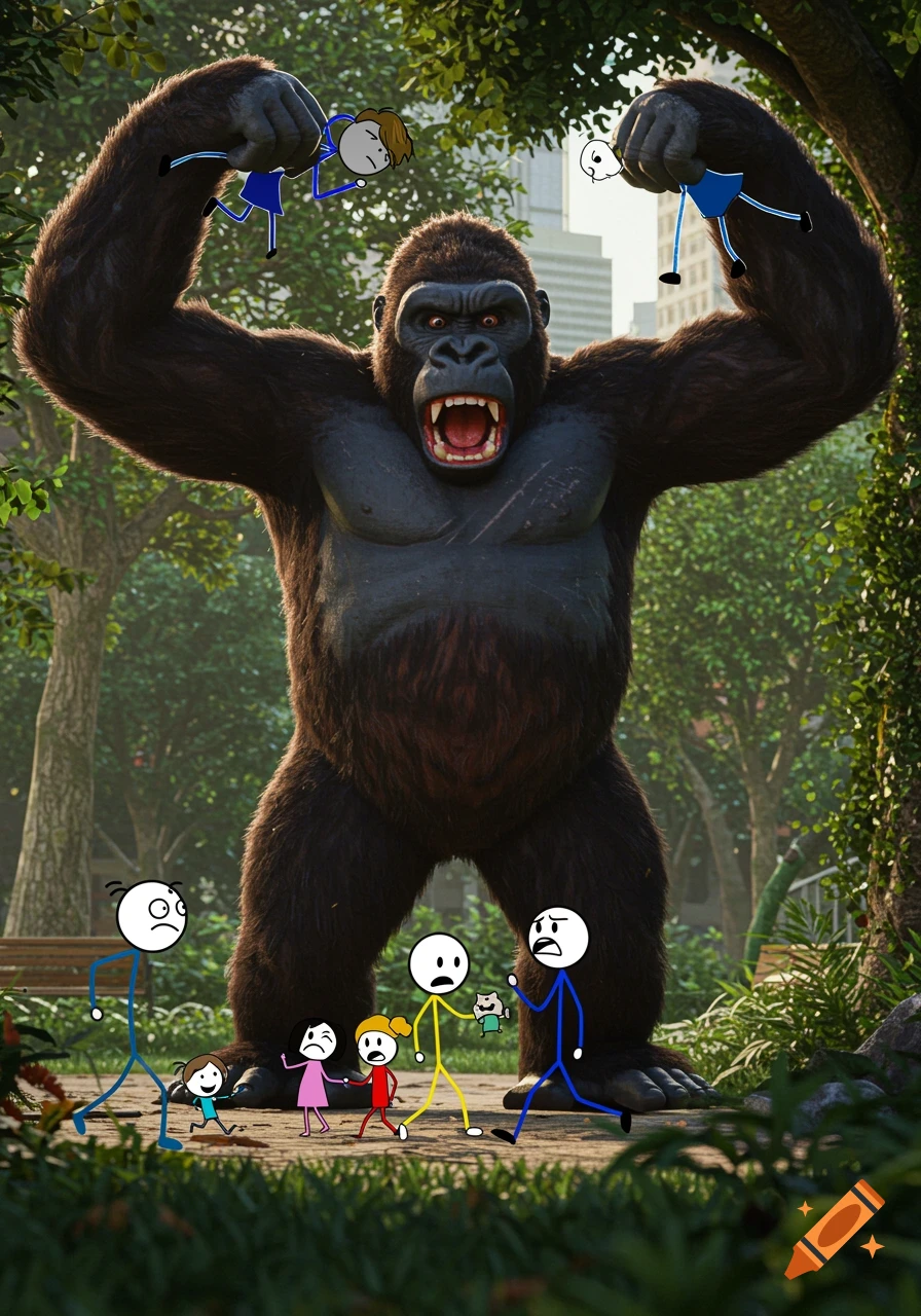 Giant gorilla holds two stick figures high while others run away in a park
