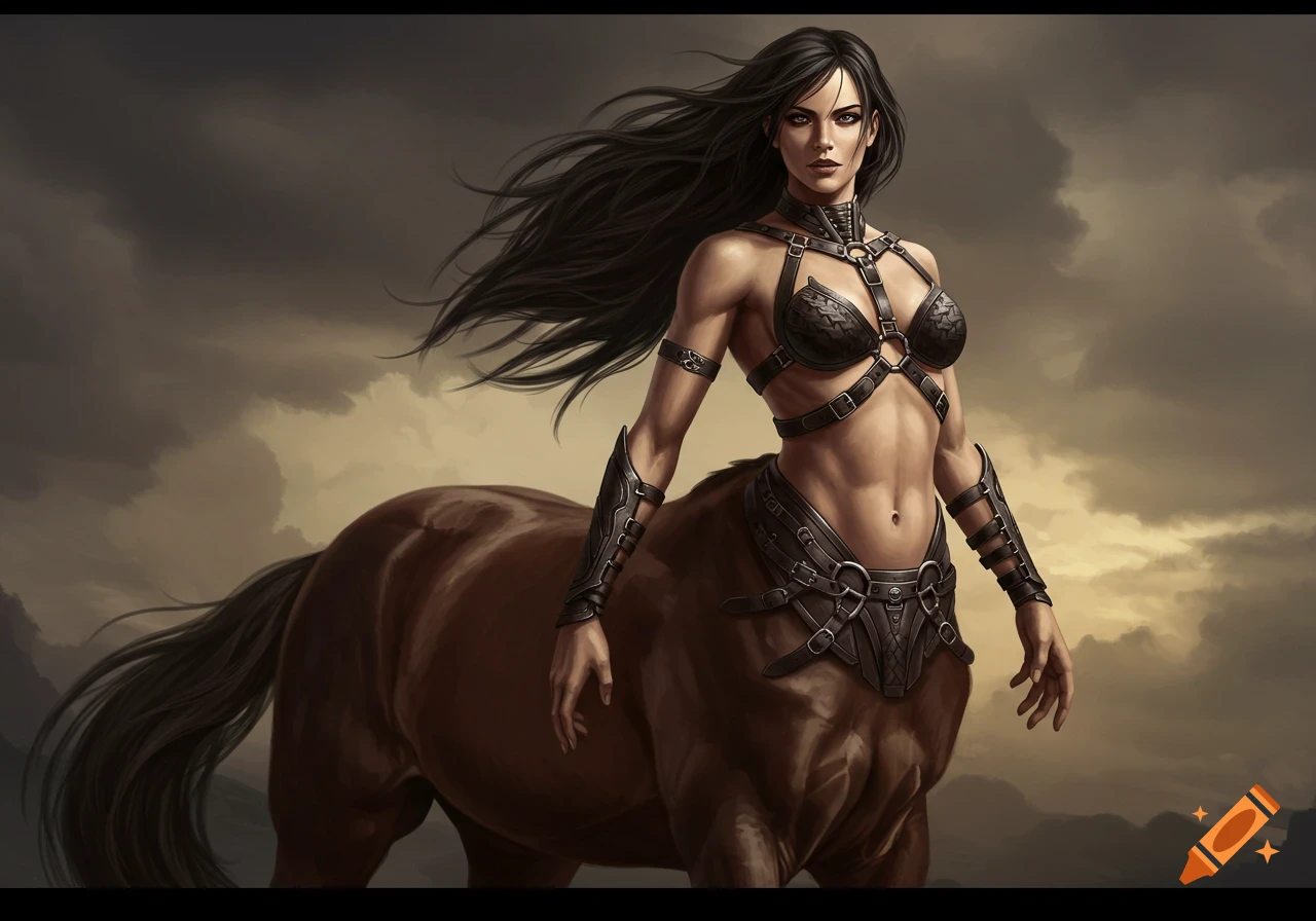 Fantasy painting of a centaur woman in a leather harness against a dramatic sky.