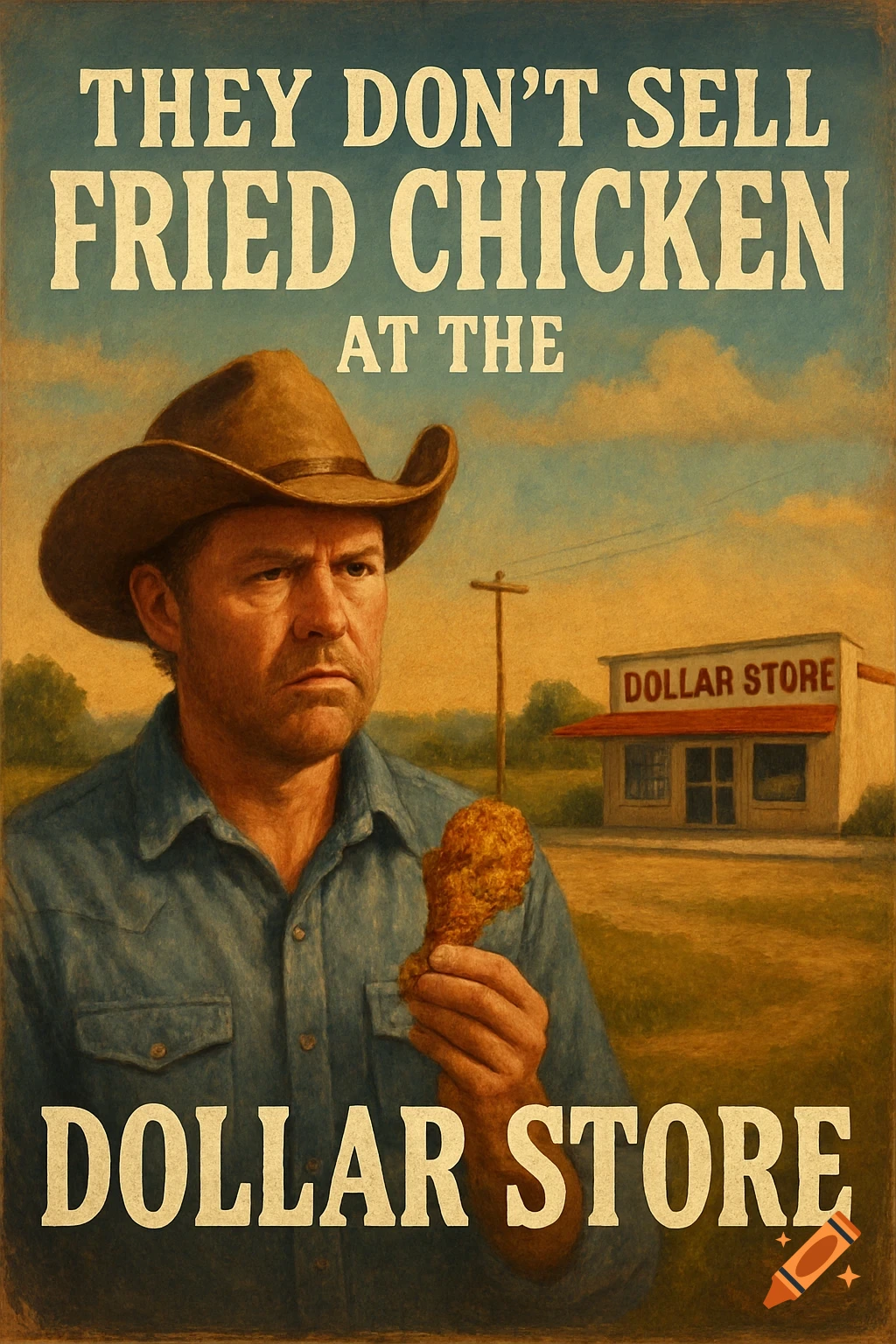 Painterly image of a cowboy holding fried chicken in front of a Dollar Store, with text 'They Don't Sell Fried Chicken at the Dollar Store'.