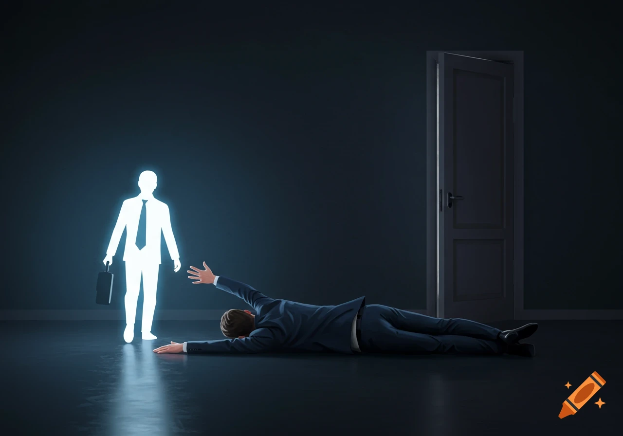 A businessman lies on the floor reaching towards a glowing figure walking towards an open door.